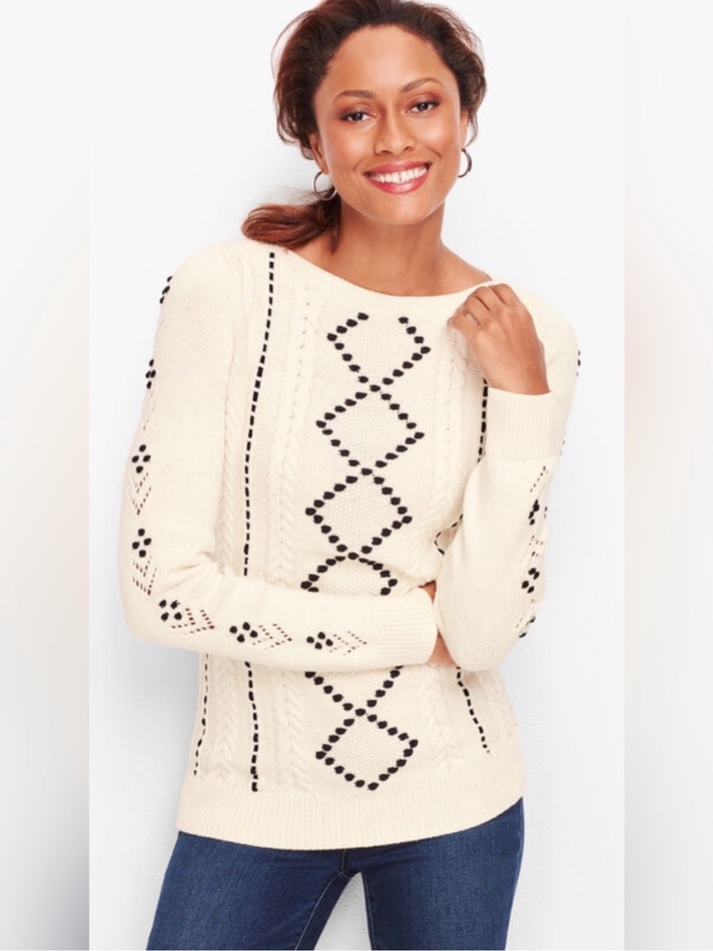 Talbots Womenโs XS Cream Cable Knit Sweater Black Diamond Pointelle Crewneck